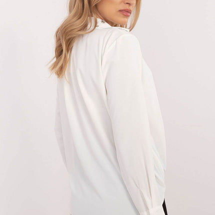 Elegant Women’s Classic Cut Shirt with Zircon-Embellished Collar – Polyester-Viscose Blend, Long Sleeves, Button Closure - MimiStylez