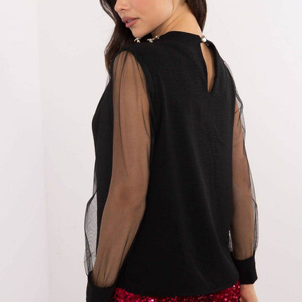 Elegant Mesh Sleeve Blouse with Puffy Pleated Shoulders — Feminine, Lightweight & Comfortable for Work and Formal Occasions - MimiStylez
