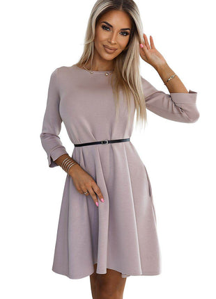 Beige Trapeze Midi Dress with 3/4 Sleeves, Pockets & Black Waist Belt - MimiStylez