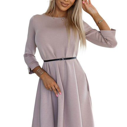 Beige Trapeze Midi Dress with 3/4 Sleeves, Pockets & Black Waist Belt - MimiStylez