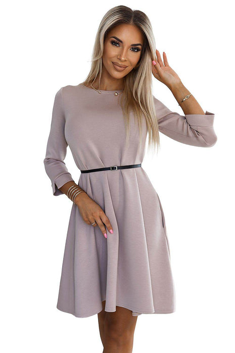 Beige Trapeze Midi Dress with 3/4 Sleeves, Pockets & Black Waist Belt - MimiStylez