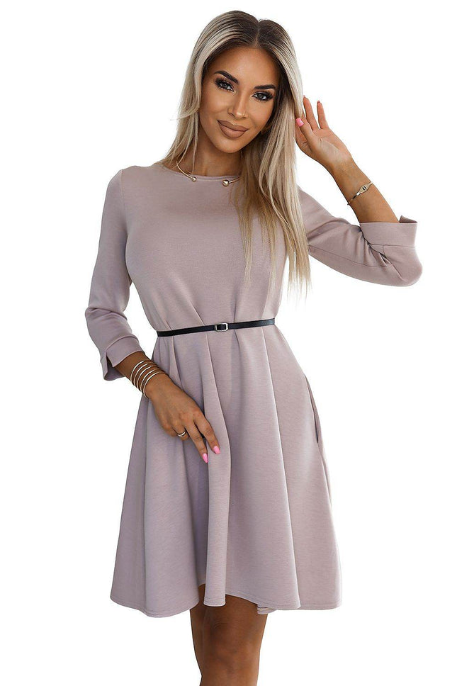 Beige Trapeze Midi Dress with 3/4 Sleeves, Pockets & Black Waist Belt - MimiStylez