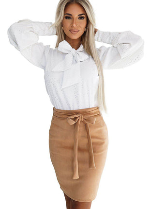 Suede Skirt with Waist Tie, Pockets & Back Zipper - MimiStylez