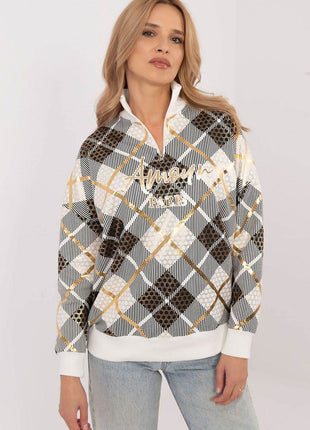 Women's Checked Casual Sweatshirt with Zippered Collar - MimiStylez