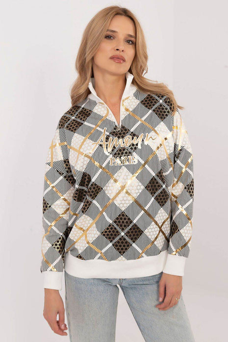 Women's Checked Casual Sweatshirt with Zippered Collar - MimiStylez