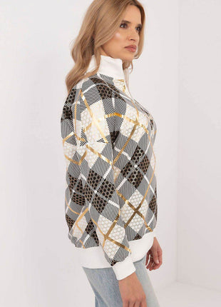 Women's Checked Casual Sweatshirt with Zippered Collar - MimiStylez