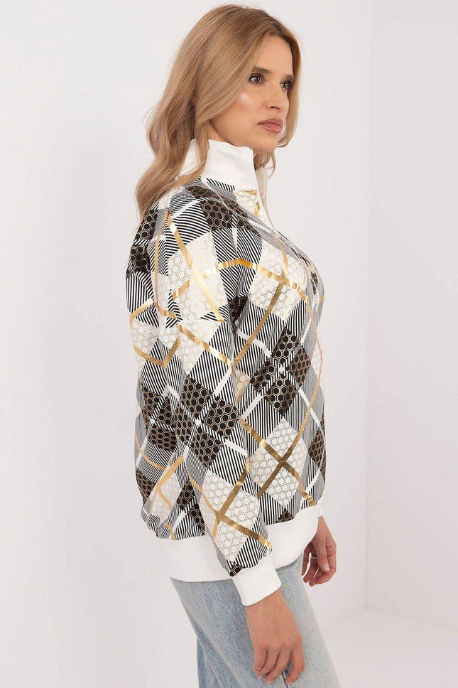 Women's Checked Casual Sweatshirt with Zippered Collar - MimiStylez