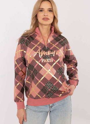 Women's Checked Casual Sweatshirt with Zippered Collar - MimiStylez