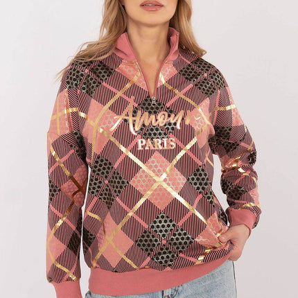 Women's Checked Casual Sweatshirt with Zippered Collar - MimiStylez