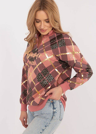 Women's Checked Casual Sweatshirt with Zippered Collar - MimiStylez