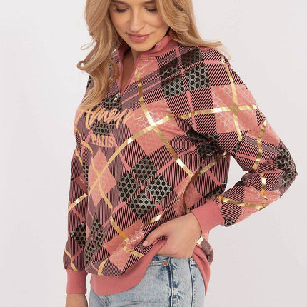 Women's Checked Casual Sweatshirt with Zippered Collar - MimiStylez