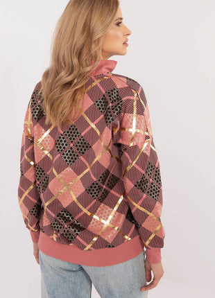 Women's Checked Casual Sweatshirt with Zippered Collar - MimiStylez