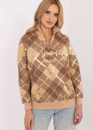 Women's Checked Casual Sweatshirt with Zippered Collar - MimiStylez