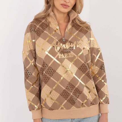 Women's Checked Casual Sweatshirt with Zippered Collar - MimiStylez