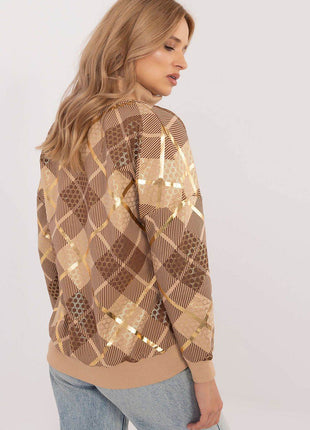 Women's Checked Casual Sweatshirt with Zippered Collar - MimiStylez