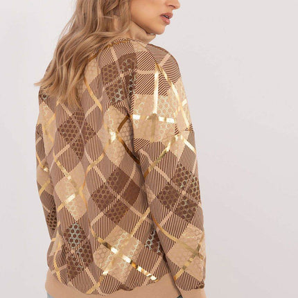 Women's Checked Casual Sweatshirt with Zippered Collar - MimiStylez