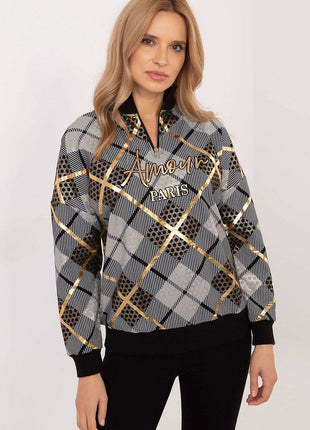 Women's Checked Casual Sweatshirt with Zippered Collar - MimiStylez