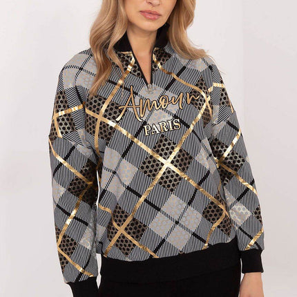 Women's Checked Casual Sweatshirt with Zippered Collar - MimiStylez