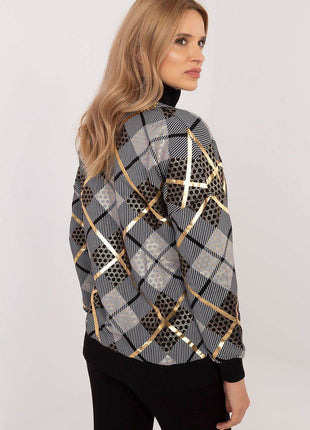 Women's Checked Casual Sweatshirt with Zippered Collar - MimiStylez