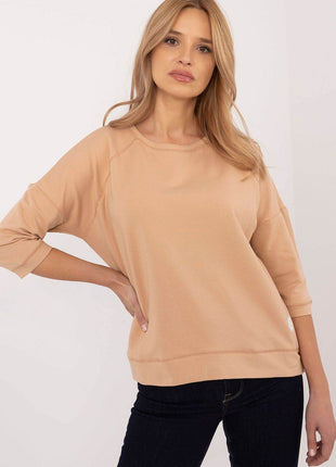Cotton-Blend Blouse with 3/4 Sleeves & Classic Round Neckline - MimiStylez