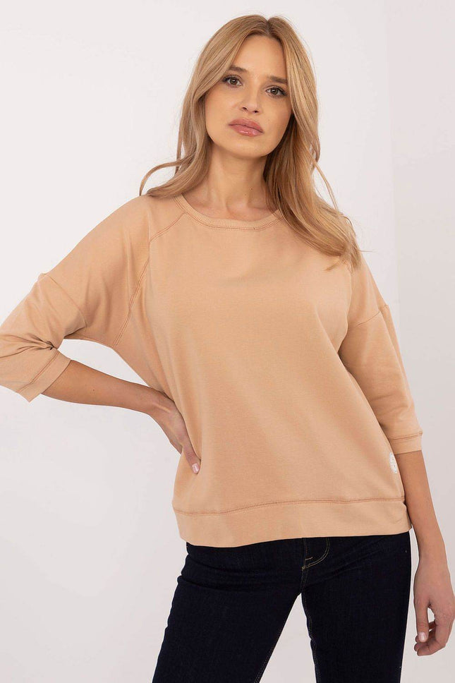 Cotton-Blend Blouse with 3/4 Sleeves & Classic Round Neckline - MimiStylez