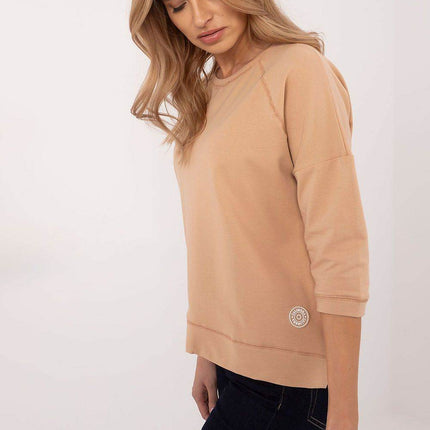 Cotton-Blend Blouse with 3/4 Sleeves & Classic Round Neckline - MimiStylez