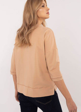 Cotton-Blend Blouse with 3/4 Sleeves & Classic Round Neckline - MimiStylez