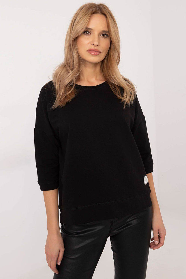 Cotton-Blend Blouse with 3/4 Sleeves & Classic Round Neckline - MimiStylez
