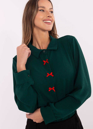 Elegant Women's Shirt with Decorative Bows Hidden Button Placket & Cuffed Sleeves - MimiStylez