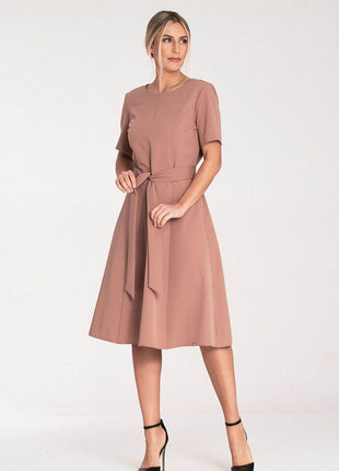Classic Pleated Midi Dress with Short Sleeves, Boat Neckline & Waist Tie - MimiStylez
