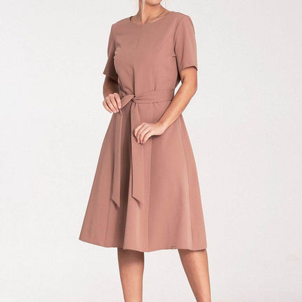 Classic Pleated Midi Dress with Short Sleeves, Boat Neckline & Waist Tie - MimiStylez