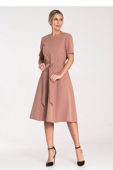 Classic Pleated Midi Dress with Short Sleeves, Boat Neckline & Waist Tie - MimiStylez