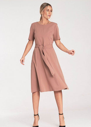 Classic Pleated Midi Dress with Short Sleeves, Boat Neckline & Waist Tie - MimiStylez
