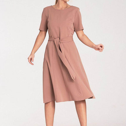Classic Pleated Midi Dress with Short Sleeves, Boat Neckline & Waist Tie - MimiStylez