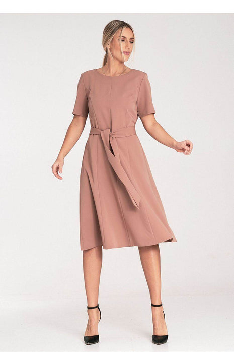 Classic Pleated Midi Dress with Short Sleeves, Boat Neckline & Waist Tie - MimiStylez