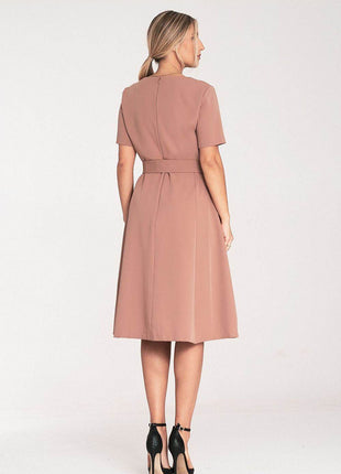 Classic Pleated Midi Dress with Short Sleeves, Boat Neckline & Waist Tie - MimiStylez