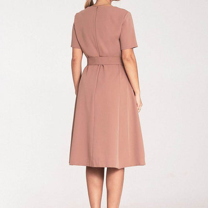 Classic Pleated Midi Dress with Short Sleeves, Boat Neckline & Waist Tie - MimiStylez