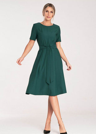 Classic Pleated Midi Dress with Short Sleeves, Boat Neckline & Waist Tie - MimiStylez