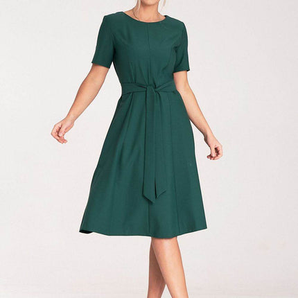 Classic Pleated Midi Dress with Short Sleeves, Boat Neckline & Waist Tie - MimiStylez