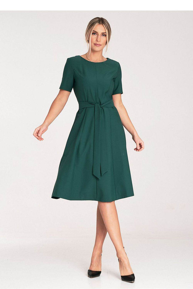 Classic Pleated Midi Dress with Short Sleeves, Boat Neckline & Waist Tie - MimiStylez