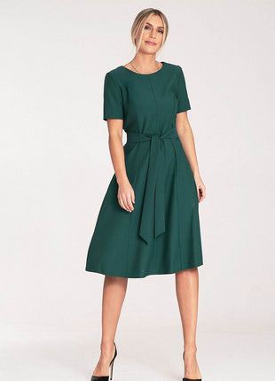 Classic Pleated Midi Dress with Short Sleeves, Boat Neckline & Waist Tie - MimiStylez