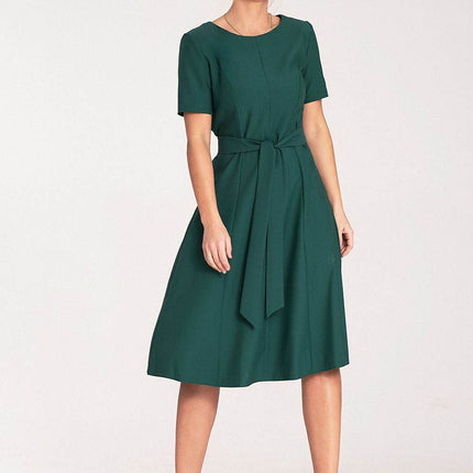 Classic Pleated Midi Dress with Short Sleeves, Boat Neckline & Waist Tie - MimiStylez