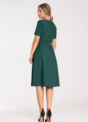 Classic Pleated Midi Dress with Short Sleeves, Boat Neckline & Waist Tie - MimiStylez