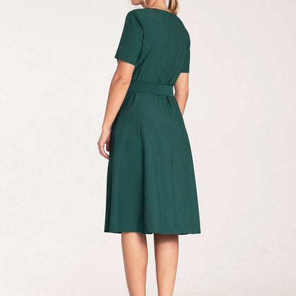 Classic Pleated Midi Dress with Short Sleeves, Boat Neckline & Waist Tie - MimiStylez