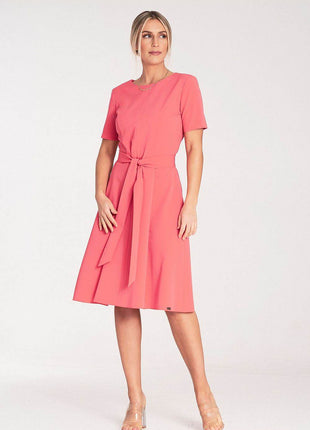 Classic Pleated Midi Dress with Short Sleeves, Boat Neckline & Waist Tie - MimiStylez