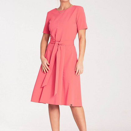 Classic Pleated Midi Dress with Short Sleeves, Boat Neckline & Waist Tie - MimiStylez