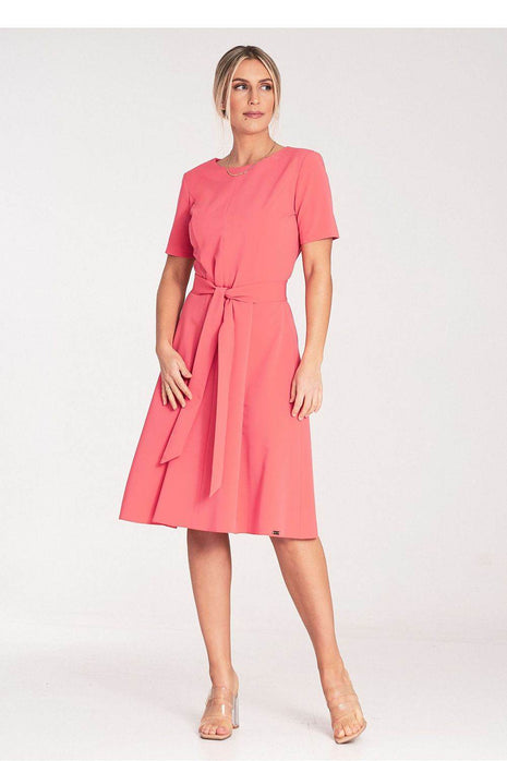 Classic Pleated Midi Dress with Short Sleeves, Boat Neckline & Waist Tie - MimiStylez