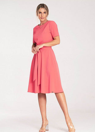 Classic Pleated Midi Dress with Short Sleeves, Boat Neckline & Waist Tie - MimiStylez
