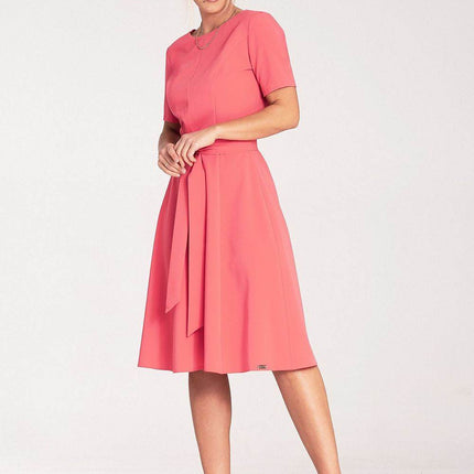 Classic Pleated Midi Dress with Short Sleeves, Boat Neckline & Waist Tie - MimiStylez