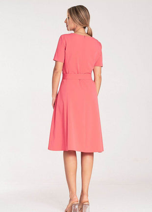 Classic Pleated Midi Dress with Short Sleeves, Boat Neckline & Waist Tie - MimiStylez